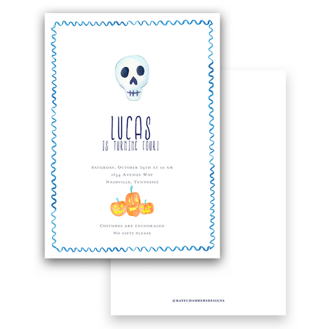Watercolor Skull and Pumpkin with Scallop Border Halloween Birthday Party Invitation