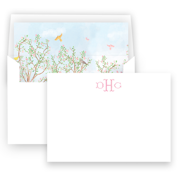 Watercolor Cherry Blossom Garden Scene Landscape Stationery