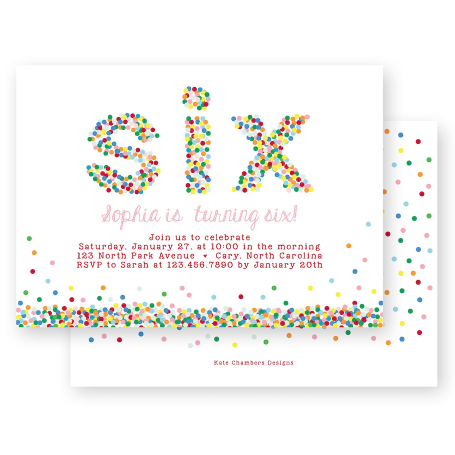 Sprinkles & Confetti SIX Kids Birthday Party Invitation