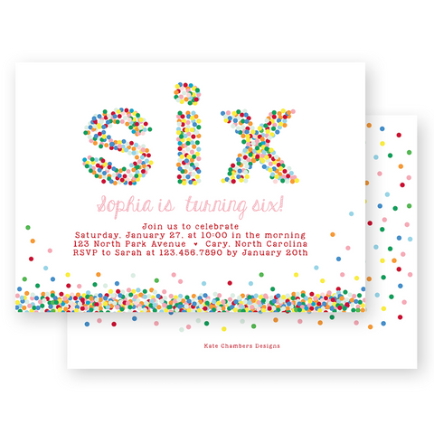 Sprinkles & Confetti SIX Kids Birthday Party Invitation