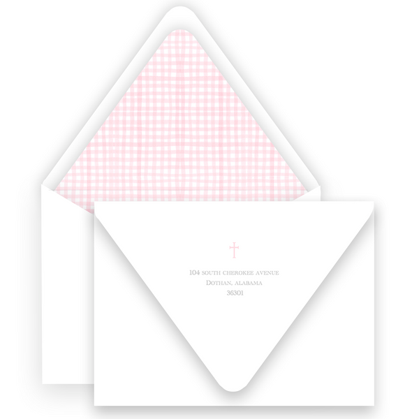 Pink Gingham Border with Cross Baptism Invitation