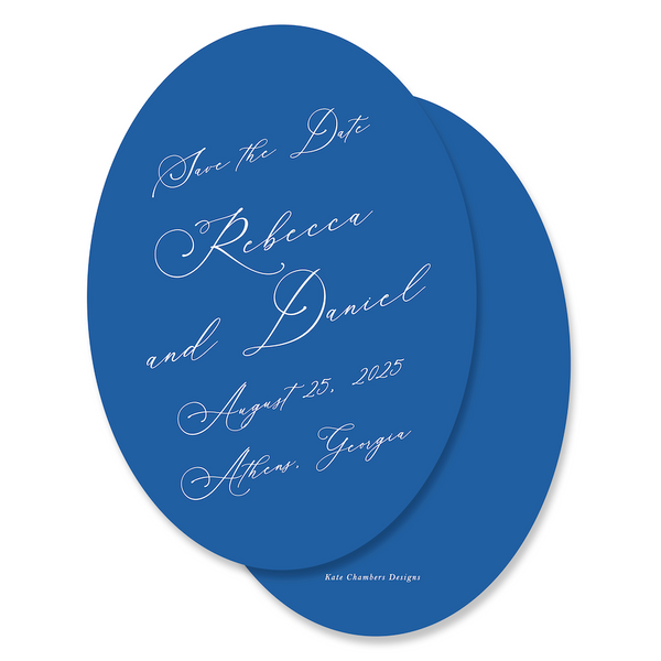 Classic Blue with Rose Floral Print Oval Save The Date Invitation