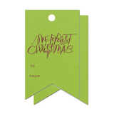 "Merriest Christmas" Burgundy on Lime Green Foil Holiday Square Gift Tags, Set of 15