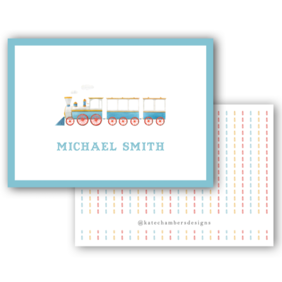 Watercolor Blue Train with Dashed Back Enclosure Card