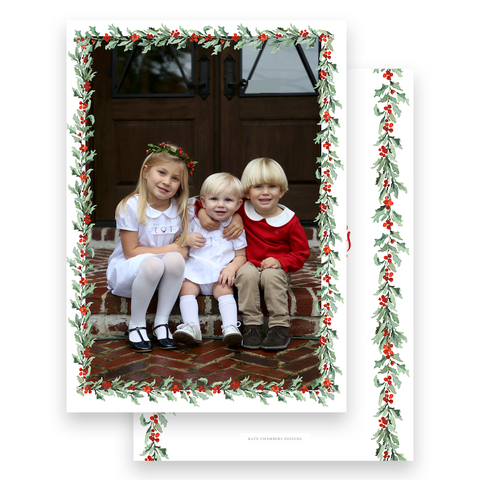 Watercolor Red Berry Holly Garland Portrait Holiday Card