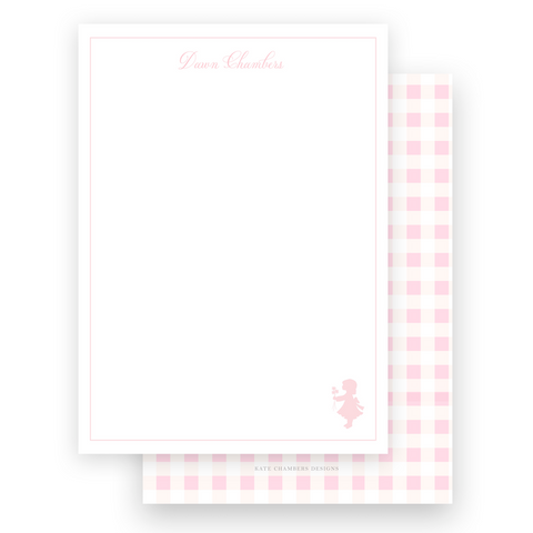 Pink Vintage Girl with Flowers Silhouette with Gingham Portrait Stationery