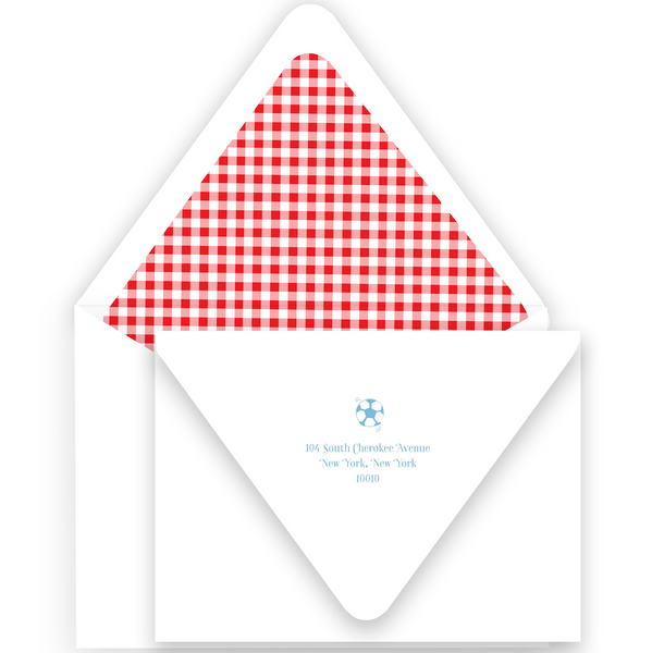 Red and Blue Gingham Soccer Ball Birthday Party Invitation