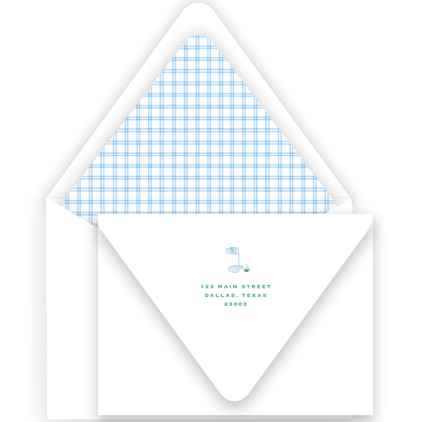 FORE! Watercolor Blue Gingham Golf Birthday Party Invitation