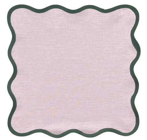 Fenwick and Fields Linen Scalloped Square | Peony Pink with Pine Green Trim