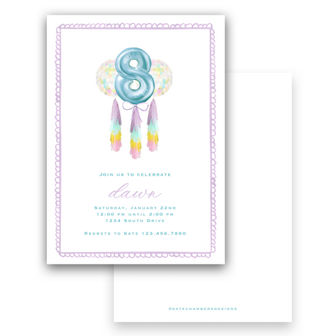 Watercolor Fringe Number Balloon with Scallop Border Birthday Party Invitation