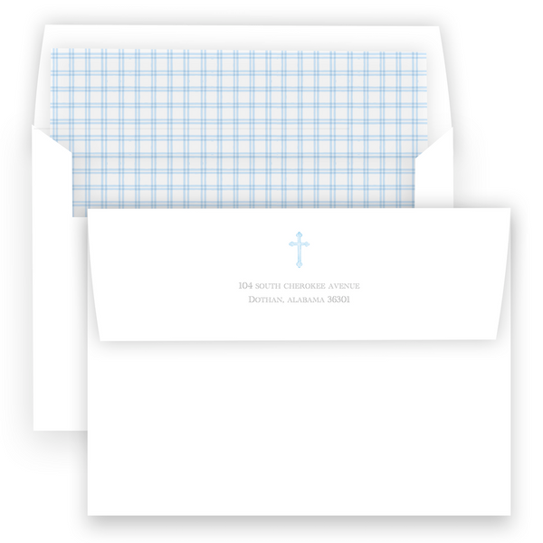 Blue Gingham with Watercolor Cross Baptism Invitation
