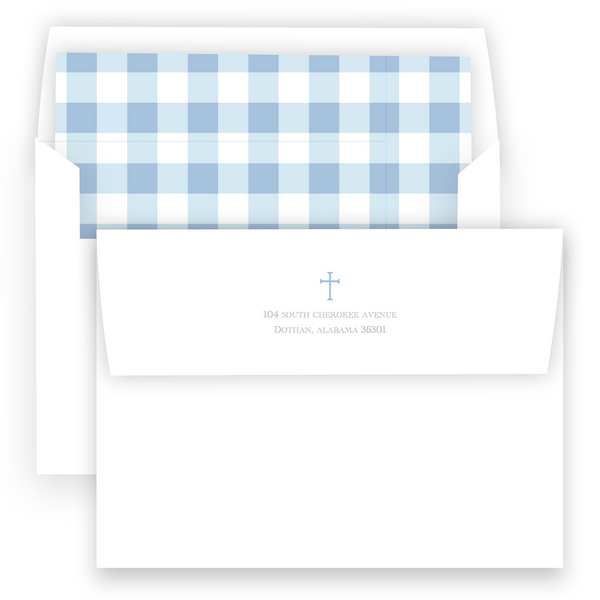 Blue Two-Tone Gingham with Simple Cross Baptism Invitation
