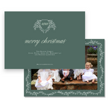 Forest and Pistachio Botanical Crest Monogram Border Landscape Holiday Card