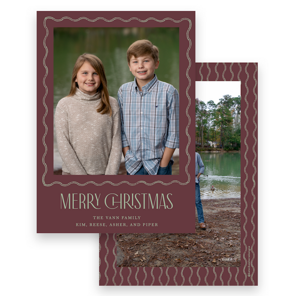 Cranberry and Mint Wavy Double Border Portrait Holiday Card