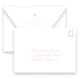 Watercolor Pink Cross with Bow Ribbon Baptism Invitation