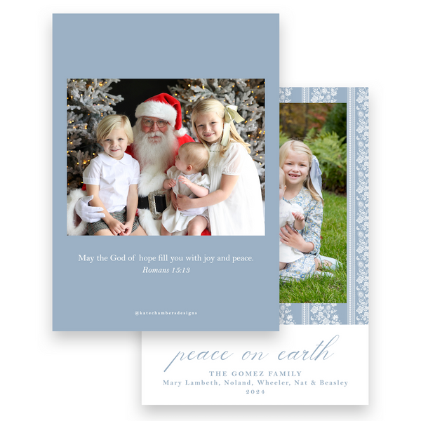 Blue Botanical Floral with Green Border "Peace on Earth" Portrait Holiday Card