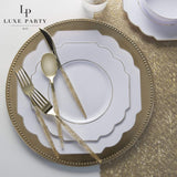 Scalloped Clear Base Gold • White Plastic Plates | 10 Pack