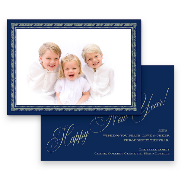 Greek Key Navy and Mint Landscape Holiday Card