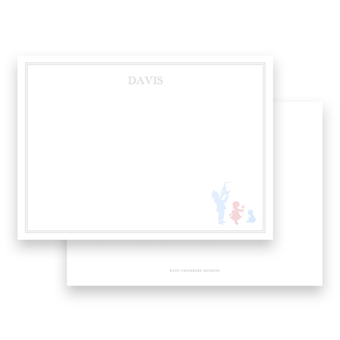 Pink & Blue Sibling Vintage Silhouette with Gingham Landscape Stationery