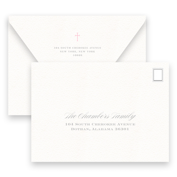 Pink & Grey Simple Cross with Detail Border Baptism Invitation