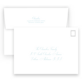 Watercolor Green Monogram Wreath with Blue Ribbon Bow Portrait Holiday Card