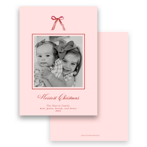 Red & Pink Border with Mistletoe Garland Portrait Holiday Card