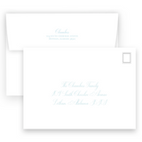 Watercolor Green Monogram Wreath with Blue Ribbon Bow Landscape Holiday Card