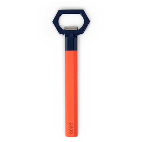 Lund London orange and navy hexagon bottle opener