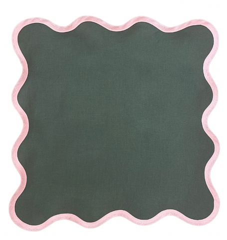 Fenwick and Fields Linen Scalloped Square | Pine Green with Peony Pink Trim