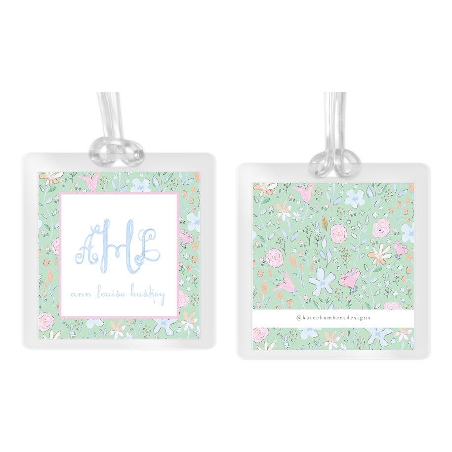 Girl's Watercolor Mint Floral Monogram Square Laminated Bag Tag