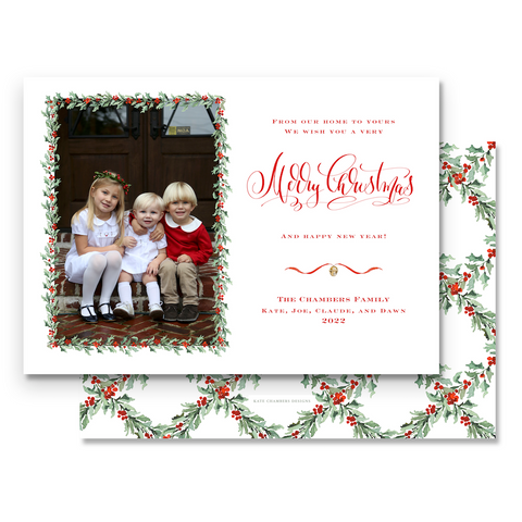 Watercolor Red Berry Holly Garland with Lattice Back Landscape Holiday Card