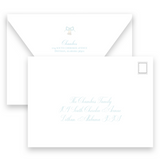 Watercolor Green Monogram Wreath with Blue Ribbon Bow Landscape Holiday Card