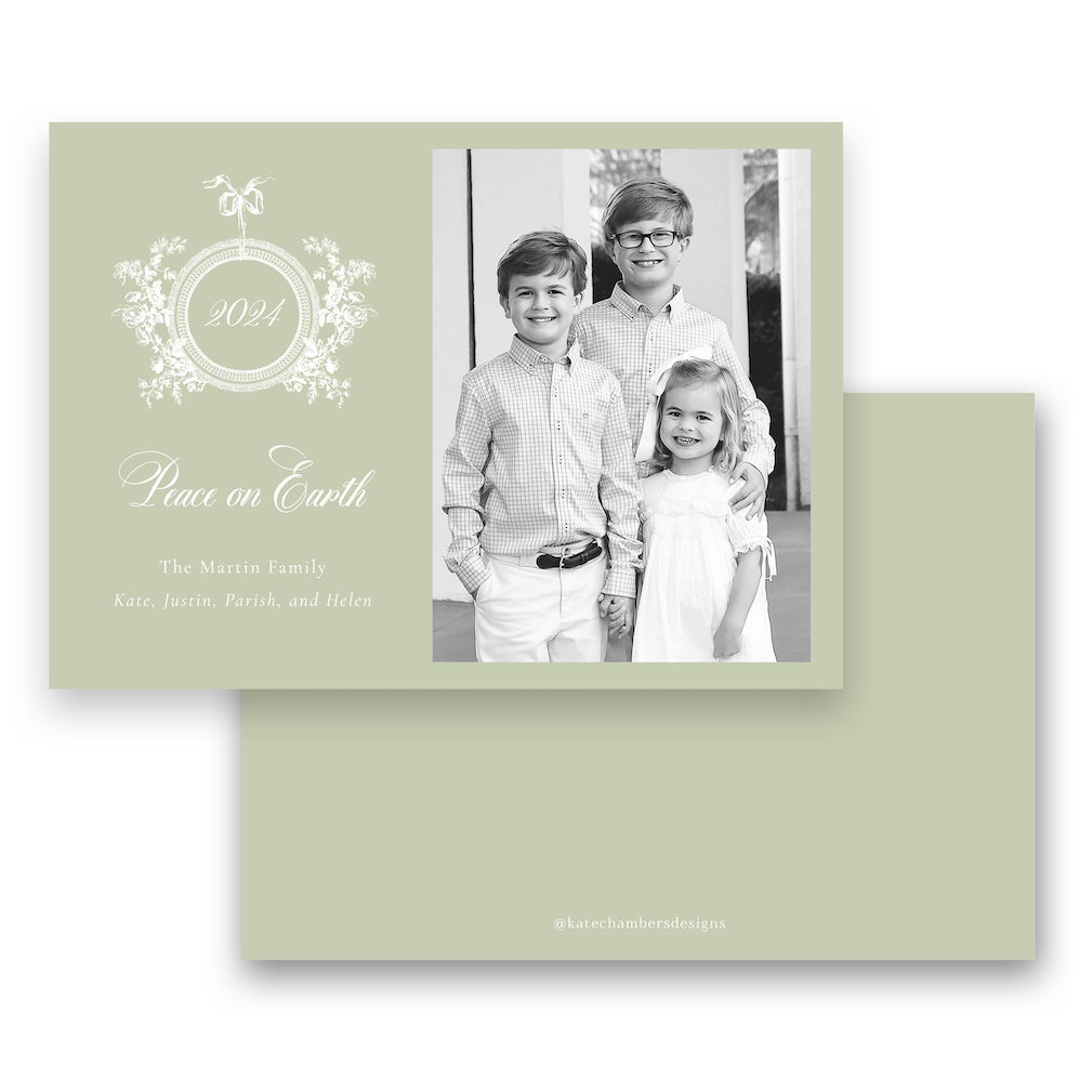 Green Botanical Wreath with Bow "Peace on Earth" Landscape Holiday Card