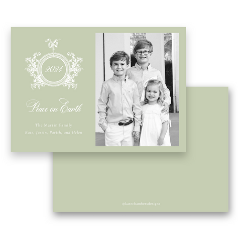 Green Botanical Wreath with Bow "Peace on Earth" Landscape Holiday Card