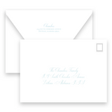 Watercolor Green Monogram Wreath with Blue Ribbon Bow Portrait Holiday Card