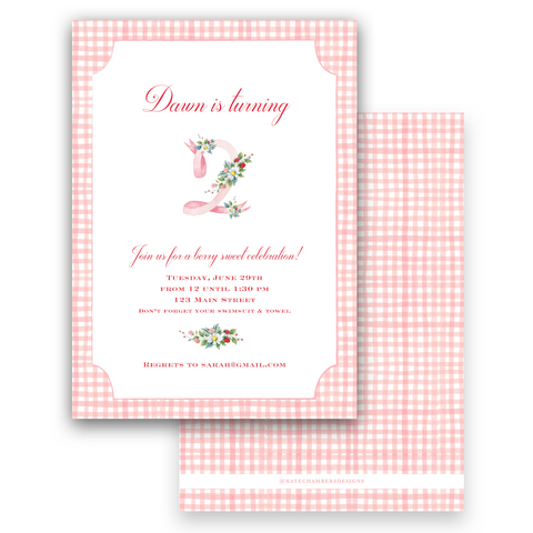 Watercolor Floral Number with Gingham Border Birthday Party Invitation