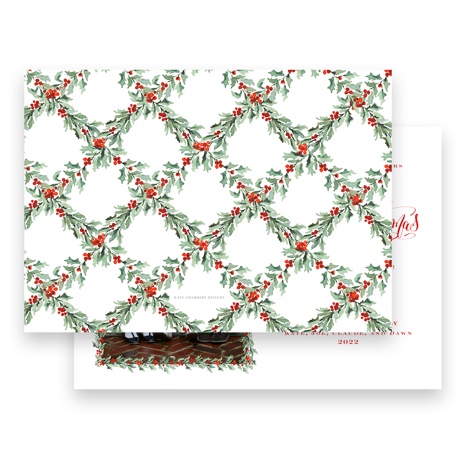 Christmas Holiday photo card - watercolor garland lattice - 2024 by Kate Chambers Designs