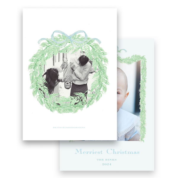 Watercolor Green Garland with Blue Ribbon Bow Portrait Holiday Card
