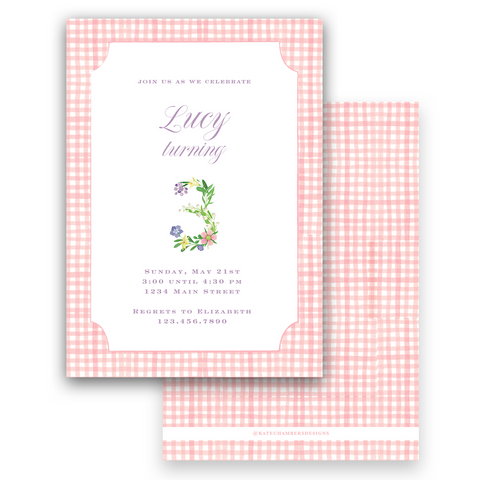 Watercolor Full Floral Purple Number with Gingham Border Birthday Party Invitation