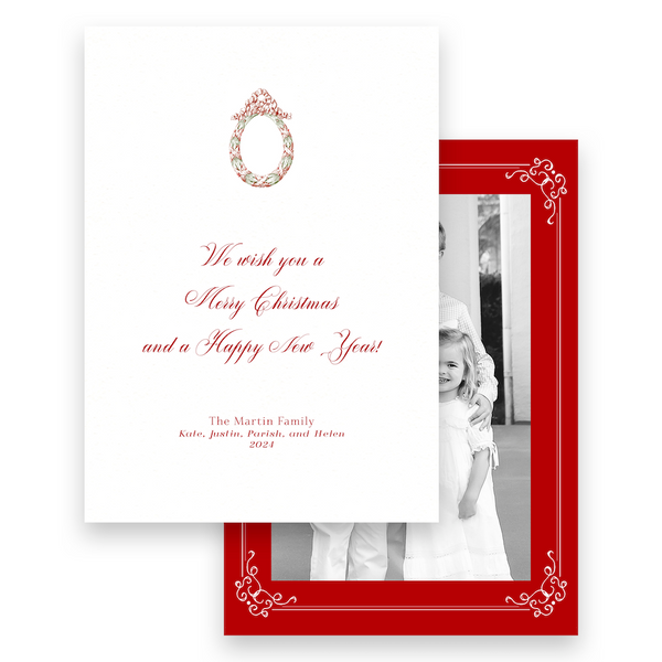Red & White Vintage Border with Wreath Holiday Card