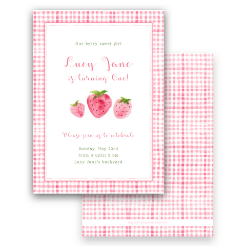 Watercolor Strawberry with Gingham Border Birthday Party Invitation