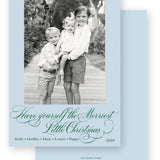 Script Blue & Emerald Green "Merriest Little Christmas" Portrait Holiday Card