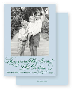 Script Blue & Emerald Green "Merriest Little Christmas" Portrait Holiday Card