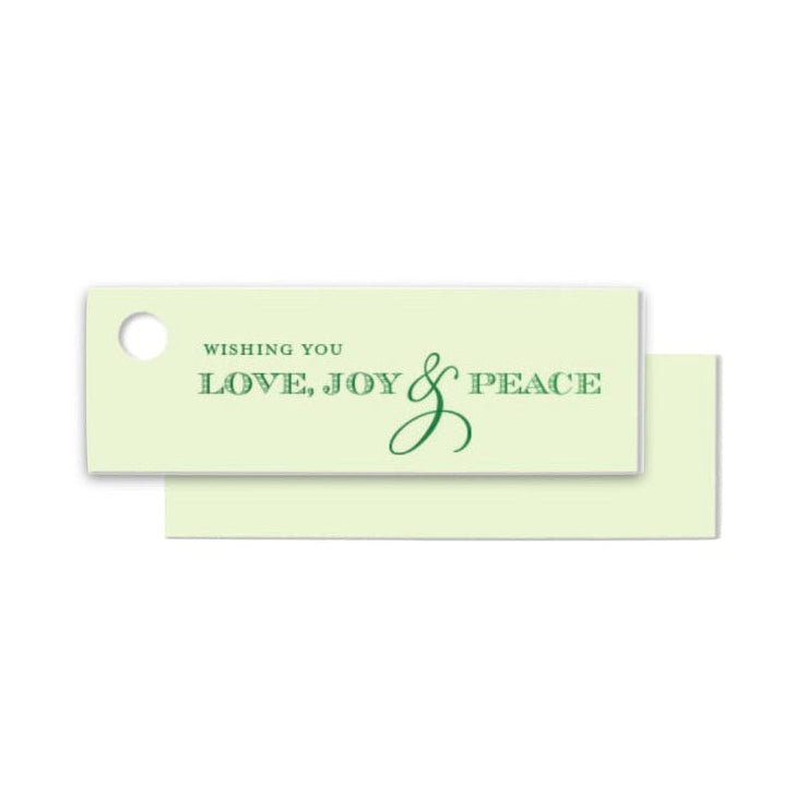 Light green gift tag with 'Wishing you Love, Joy & Peace' text on a white background