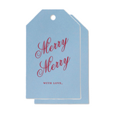 "Merry Merry, With Love" Red on French Blue Foil Holiday Gift Tags, Set of 15