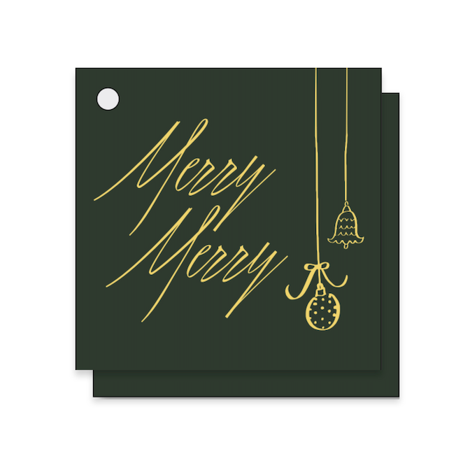 A stack of square dark green paper cards with metallic gold foil writing that reads 'Merry Merry' and gold hanging ornament illustrations, shown on a plain white background.