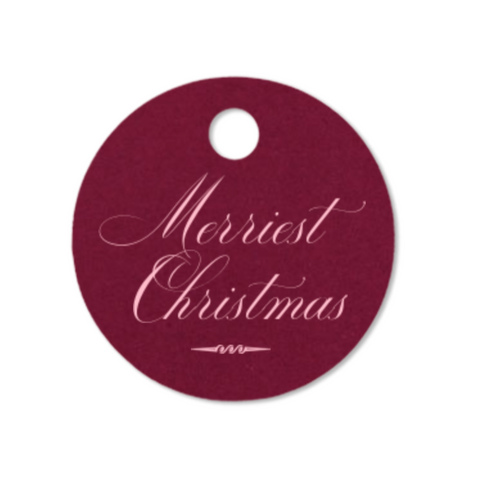 "Merriest Christmas" Circular Cranberry Card Stock with Gold Foil Printed Holiday Gift Tag