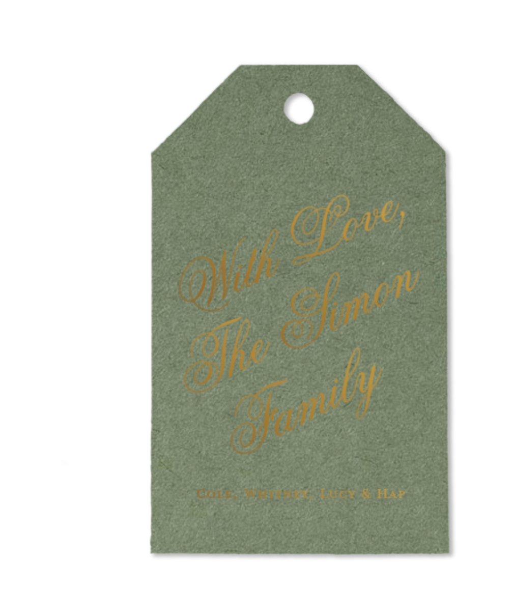 Custom Dark Sage and Gold Script Family Luggage Foil Gift Tag