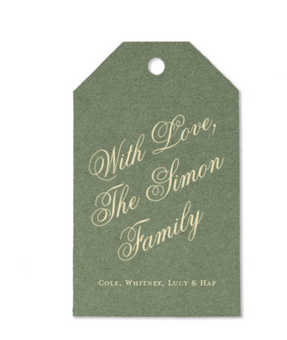 Custom Dark Sage and Ivory Script Family Luggage Foil Gift Tag