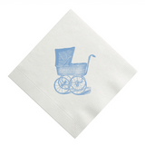 White napkin with a blue stroller design on a white background
